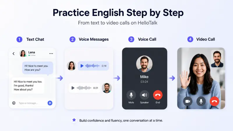 HelloTalk에서 텍스트 채팅과 음성 메시지, 음성 통화를 거쳐 영상 통화로 영어 회화를 연습하는 과정