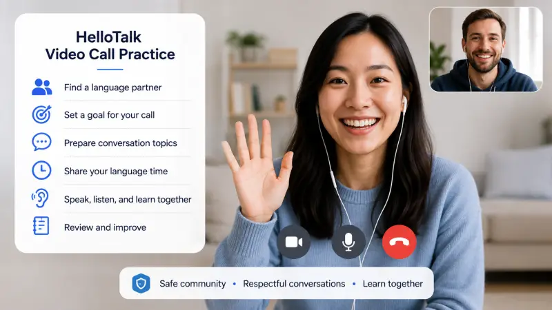 HelloTalk에서 언어 교환 파트너와 영상 통화를 하며 영어 말하기를 연습하는 모습