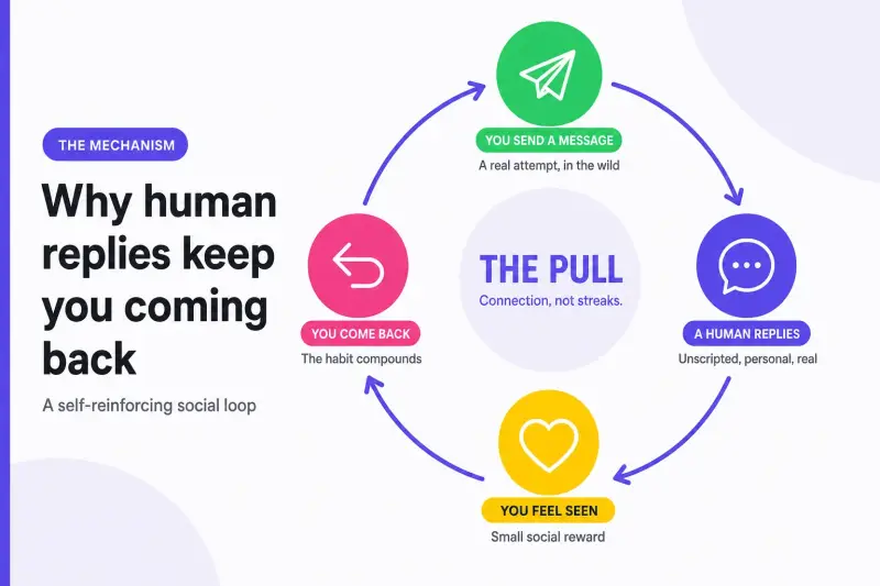 Infographic showing the feedback loop where human replies keep language learners coming back