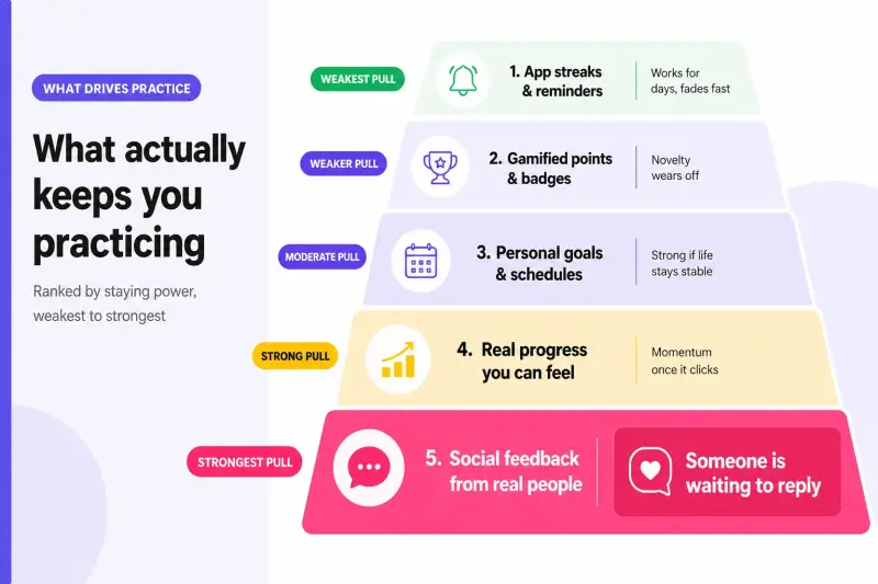 Infographic ranking what drives daily language practice frequency from weakest to strongest