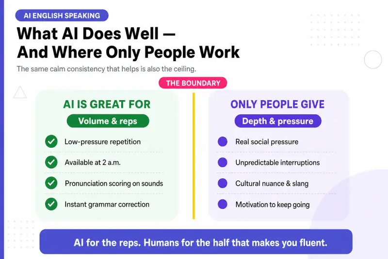 Infographic comparing what AI English speaking apps do well versus their limits