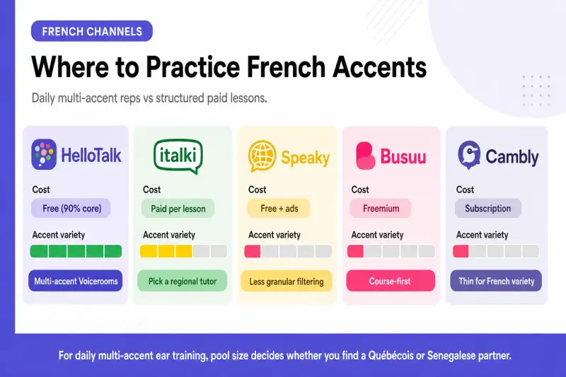 Infographic comparing French language exchange channels