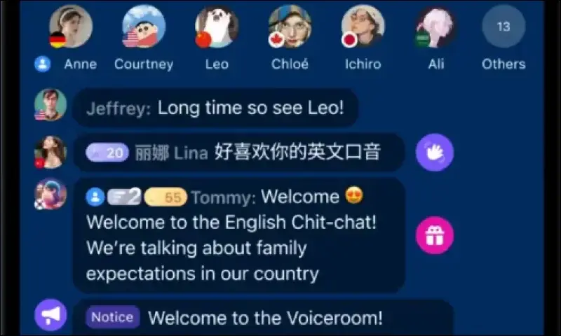 HelloTalk voice room with multiple users practicing language together