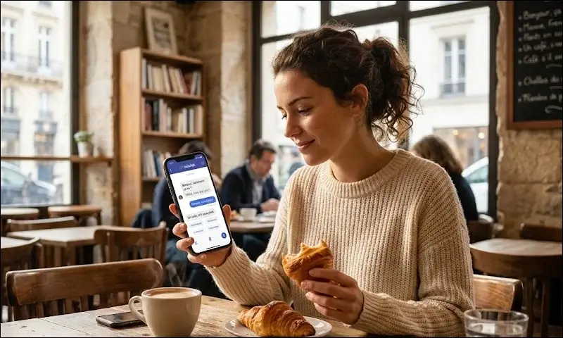 Woman using HelloTalk app at a cafe, practicing a new language