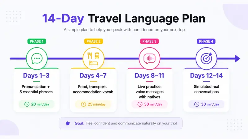 14-day travel language learning framework showing daily focus areas from pronunciation basics in days 1–3 to simulated real conversations and handling the unexpected in days 12–14