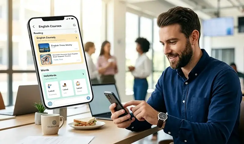 Man using a language learning app on his phone in a modern workspace