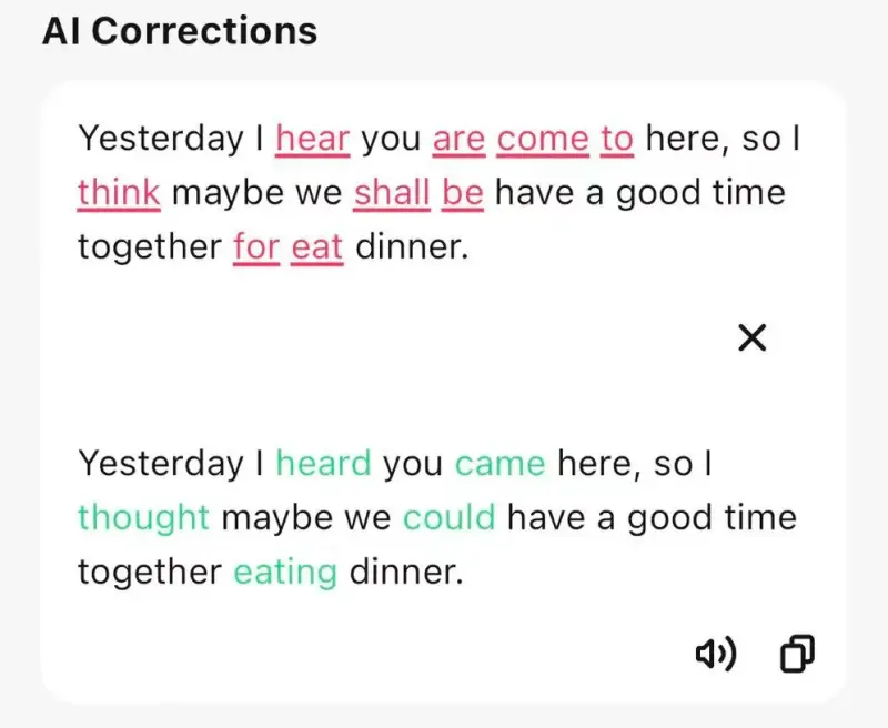 HelloTalk AI corrections showing original text with errors and corrected version below