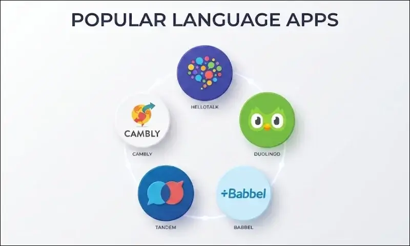 Popular language learning apps comparison including HelloTalk, Duolingo, Babbel, Tandem and Cambly