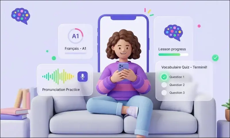 Language learning app showing lesson progress, pronunciation practice, and vocabulary quiz