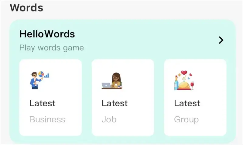 HelloWords vocabulary game on HelloTalk showing Business, Job, and Group word categories