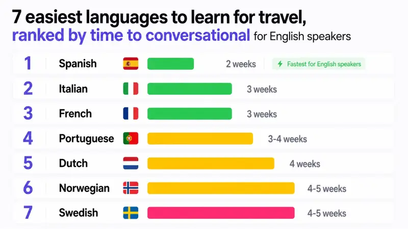 The 7 easiest languages to learn for travel ranked by time-to-conversational for English speakers: Spanish, Italian, French, Portuguese, Dutch, Norwegian, and Swedish