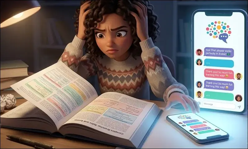 Student overwhelmed by a grammar textbook while a language exchange chat on phone shows a better way