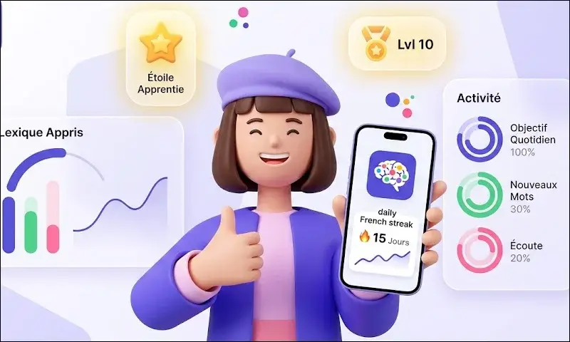 Language learning app displaying daily streak, level badges, and activity progress stats