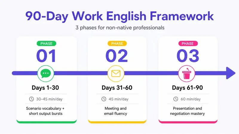 90-day work English learning framework showing three phases: scenario vocabulary (days 1β30), meeting and email fluency (days 31β60), and presentation and negotiation skills (days 61β90)