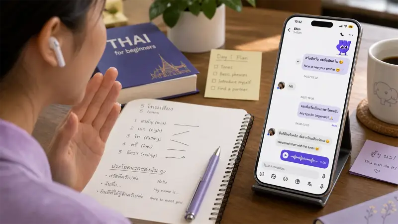Beginner practicing Thai tones with HelloTalk voice feedback