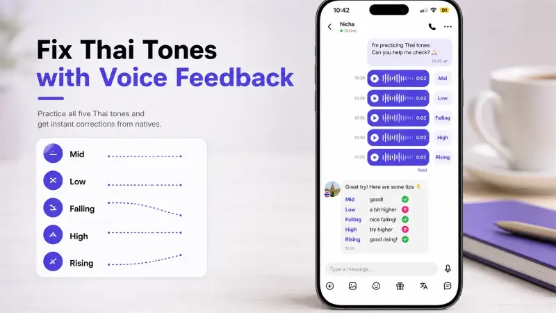 HelloTalk voice feedback UI for practicing the five Thai tones
