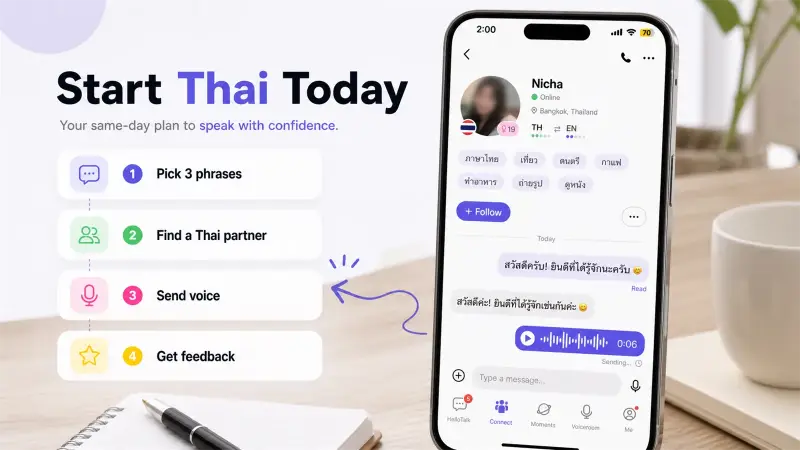 Same-day Thai learning action plan with HelloTalk voice message feedback
