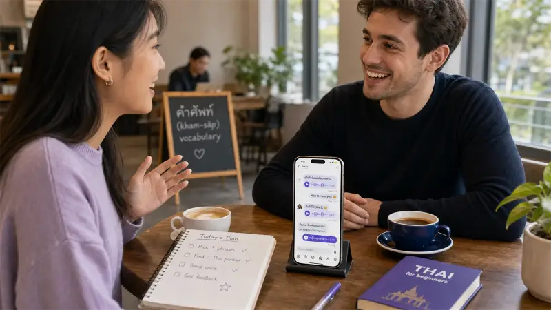 Cafe language exchange scene for sending a first Thai voice message