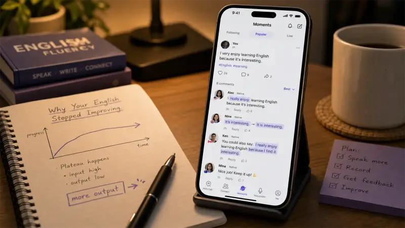 HelloTalk Moments native correction UI for breaking an English plateau
