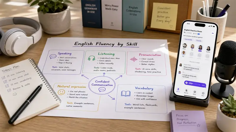 English fluency skill map with HelloTalk practice tools for speaking listening and expression