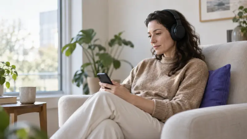 Adult learner listening to language audio through headphones beside a home window