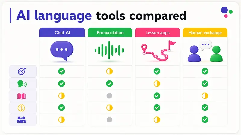 Table infographic comparing AI language learning tools: grammar AI, pronunciation AI, vocabulary AI, and human exchange platforms