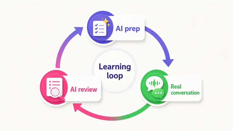 Circular diagram showing the AI prep, real conversation, AI review learning loop for language learners