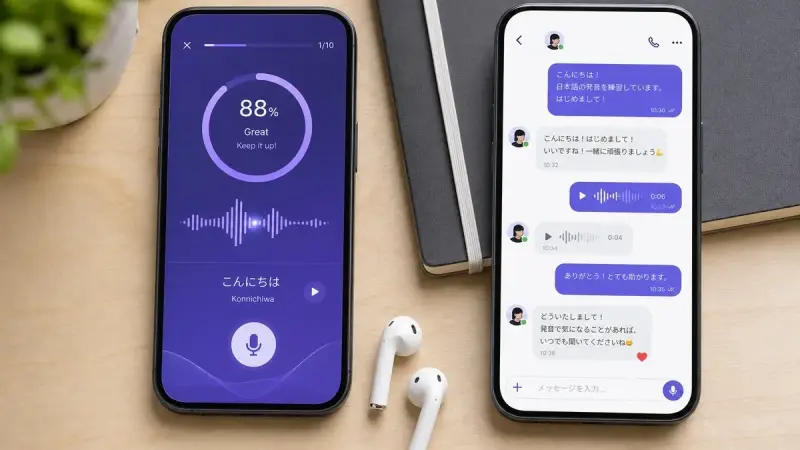 AI pronunciation coach and language exchange apps on two phones