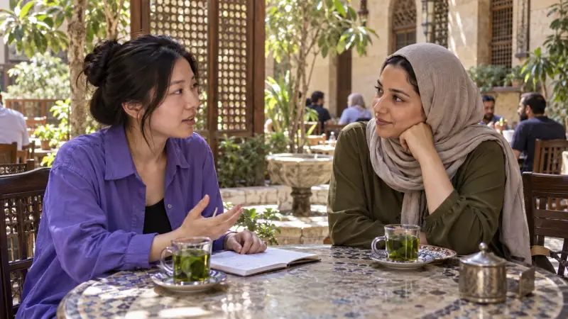 Two learners discuss Arabic conversation in a Cairo courtyard cafe