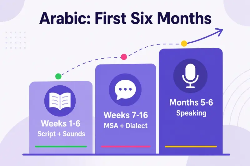 Three-phase plan for the first six months of learning Arabic, from script and sounds to speaking