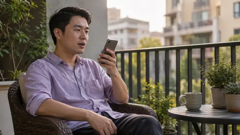 Adult East Asian man in a light purple casual shirt on a quiet shaded balcony, practising a short English phrase in a voice note.