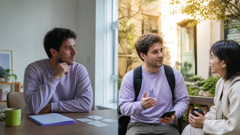 A beginner moves from quiet preparation into a small real conversation