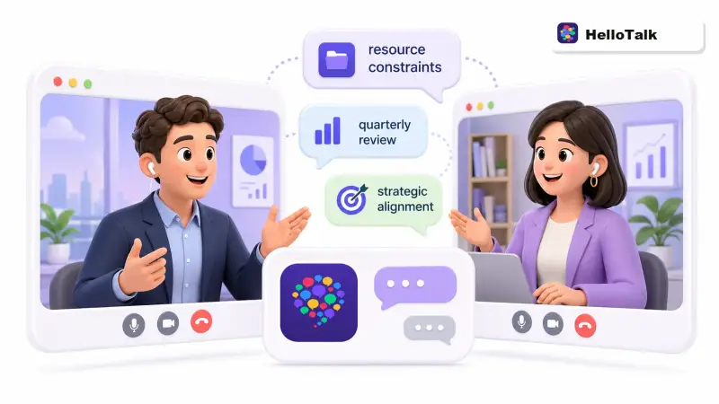 Professional practicing industry-specific English through a real-time conversation with a native English speaker on HelloTalk, bridging the knowledge-to-speech gap in professional settings