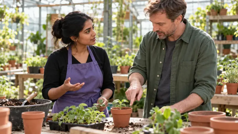 Two adults clarify one instruction during a community potting workshop and continue their conversation.