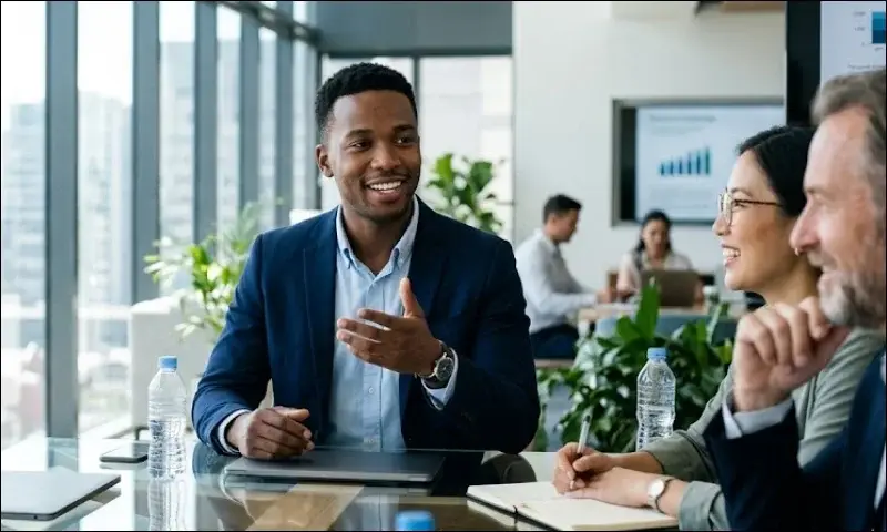 Colleagues taking turns to discuss an idea during an office meeting