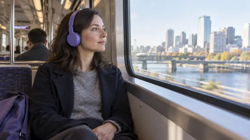 A commuter listens to English audio without watching a screen.