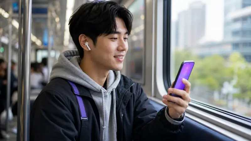 Commuter practicing Korean voice messages on a phone