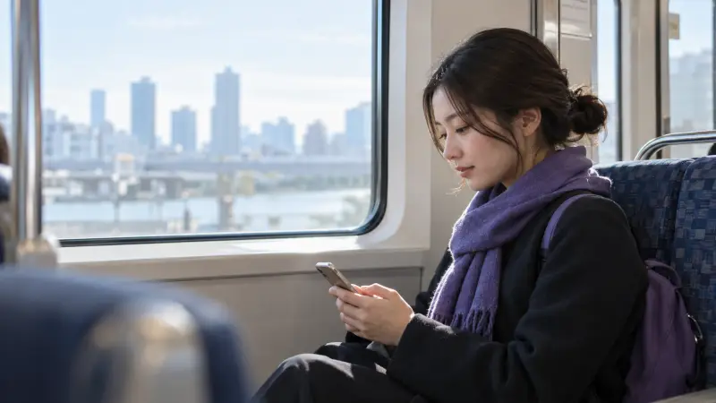 A commuter quietly reviewing Japanese on her phone during a short train ride