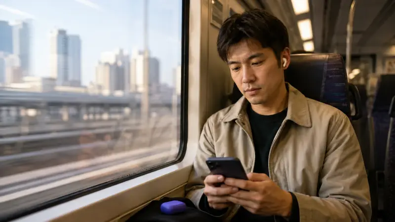 A commuter reviewing Spanish on a phone during a short daily session