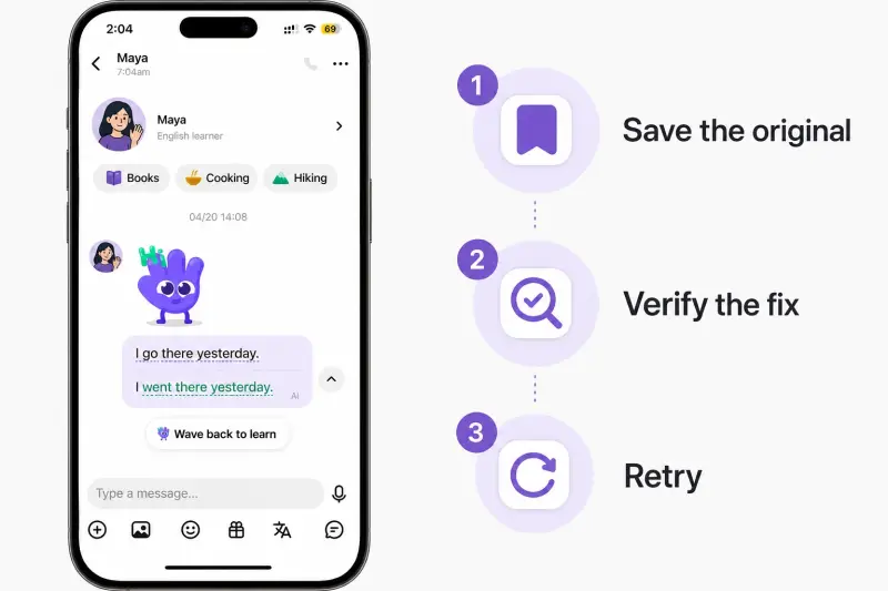 HelloTalk assisted chat showing an original language gap, a suggested fix, and a phrase ready to retry
