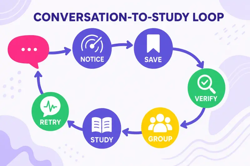 Infographic showing how conversation gaps move through a six-step study loop from notice and save to retry