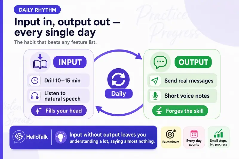 Daily Spanish input and output practice cycle