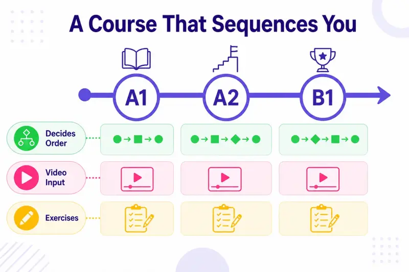 A structured free German course as a sequenced curriculum spine from A1 to A2 to B1
