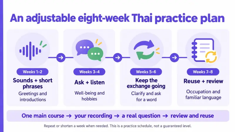 An adjustable eight-week Thai practice plan in four two-week stages
