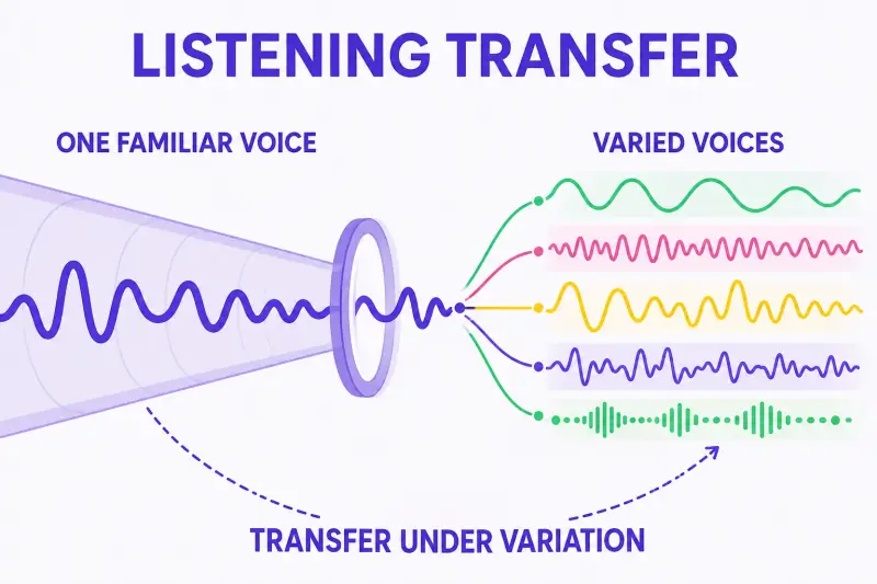 English listening infographic showing the transfer gap between one familiar voice and varied voices