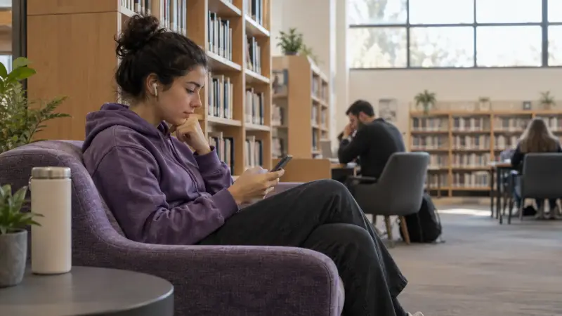 An adult student in a muted purple hoodie studying English in a bright public-library reading nook, using their own unbranded phone with discreet headphones.