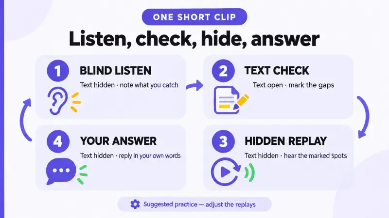 A four-pass listening cycle alternates listening, transcript checking, replay and an original answer.