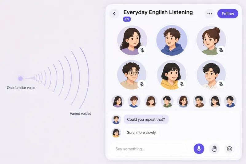 HelloTalk Voiceroom with varied synthetic speakers supporting English listening practice across different voices