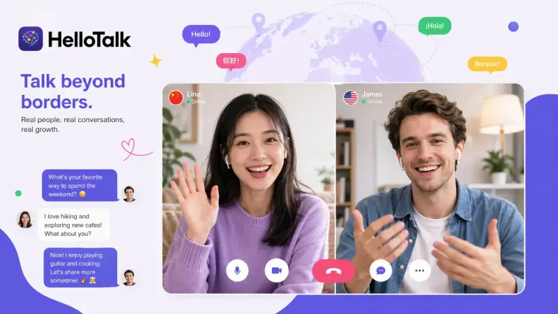 English learner on a live video call with a native speaker through HelloTalk, practicing conversational English fluency for professional meetings and everyday use