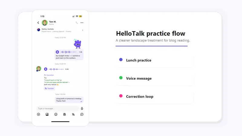 HelloTalk lunchtime voice message exchange β an English learner sends a work scenario voice message and receives a native speaker correction on professional meeting phrases